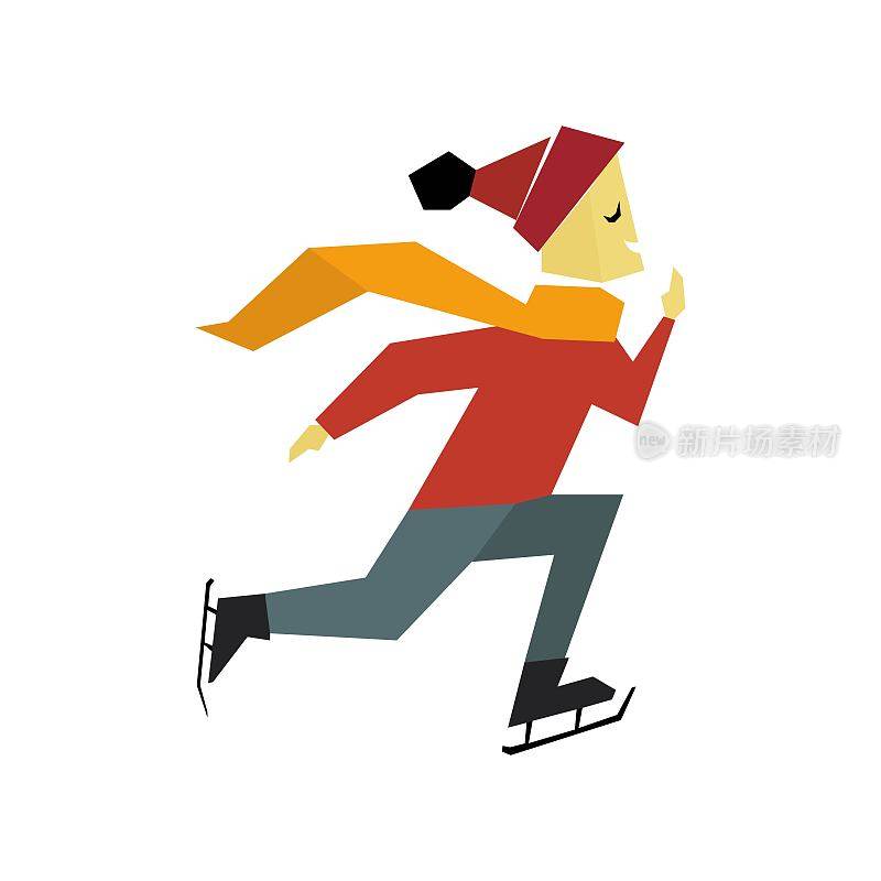 滑冰男孩在冰上滑冰，滑冰，寒假或假期。男孩滑冰彩色平图标。漫画卡通风格的插图向量复古。适用于:logo，应用程序，设计，网页，开发，ui, ux。每股收益10。